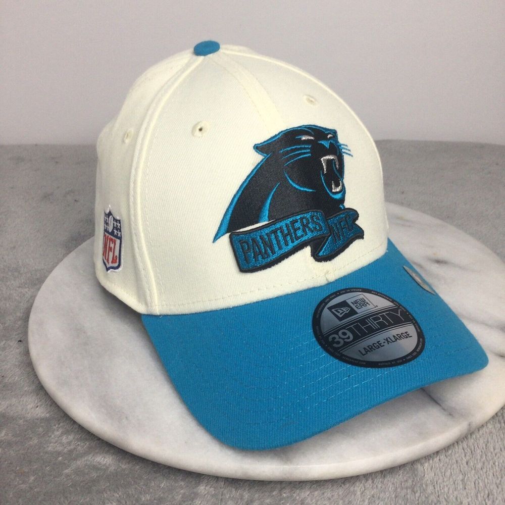 New Era Carolina Panthers Sideline 39THIRTY Stretch Hat‎ Cap White Blue Sz L/XL